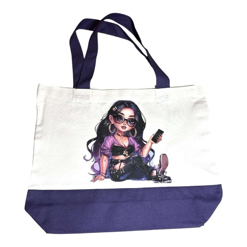Large Canvas Tote Bag with Stylish Girl Art | Hand Pressed | 17”x14”